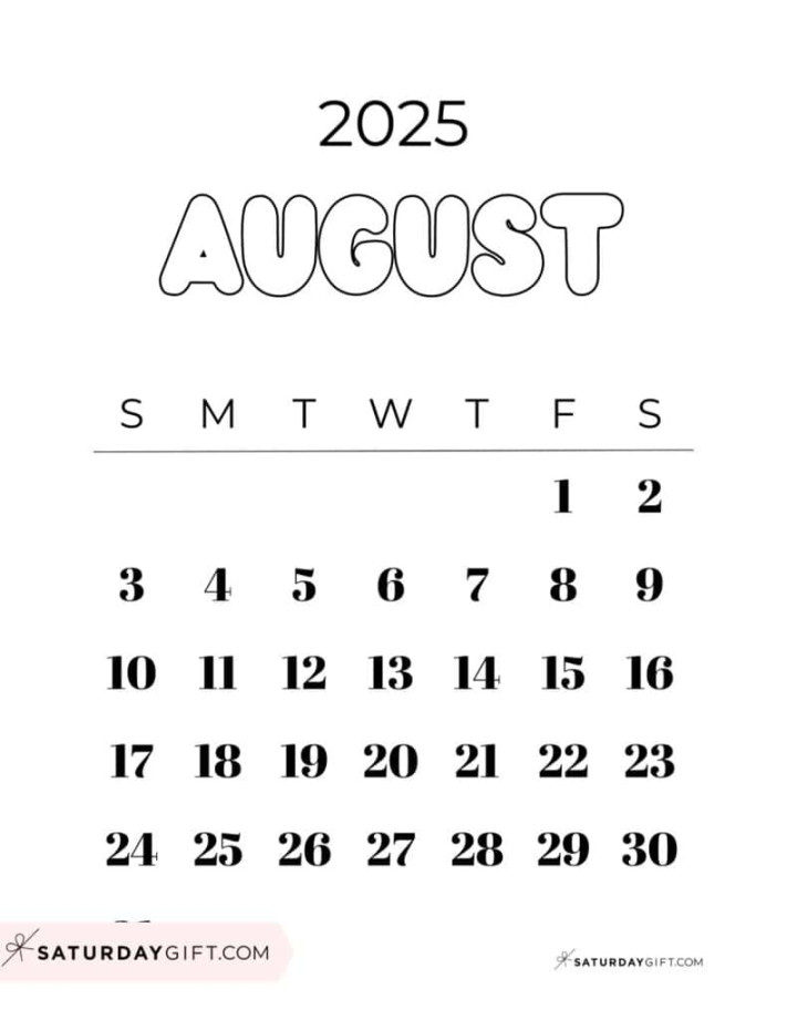 August  Calendars -  Cute Free Printable PDFs  SaturdayGift