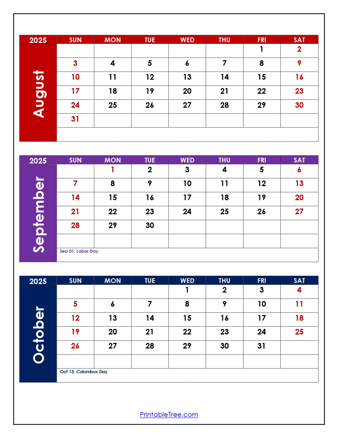 August to October  Calendar Printable PDF  Three Months Calendar