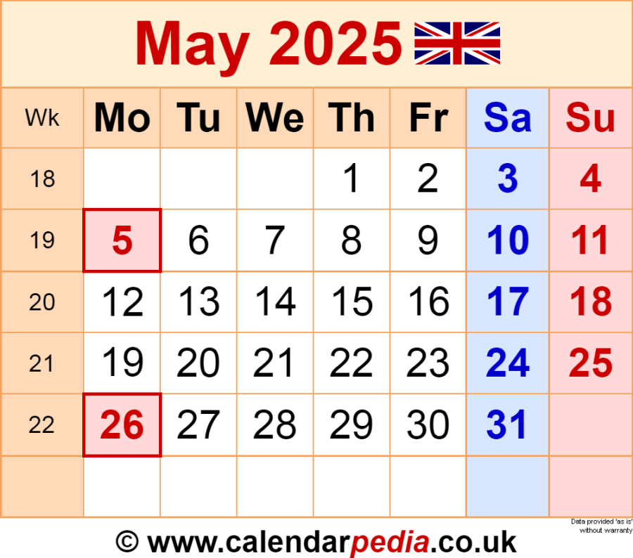 Calendar May  UK with PDF, Excel and Word templates