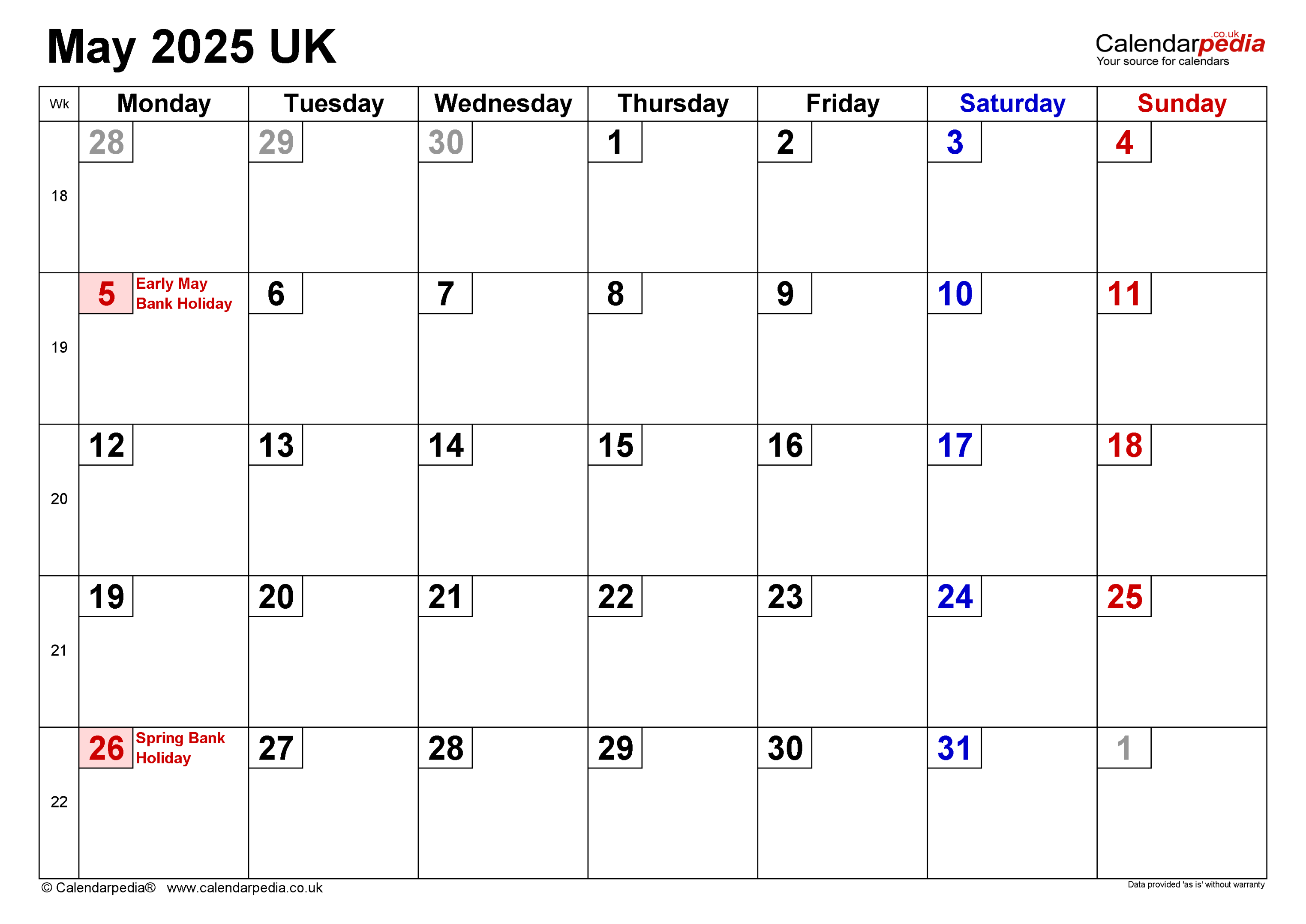 Calendar May  UK with PDF, Excel and Word templates