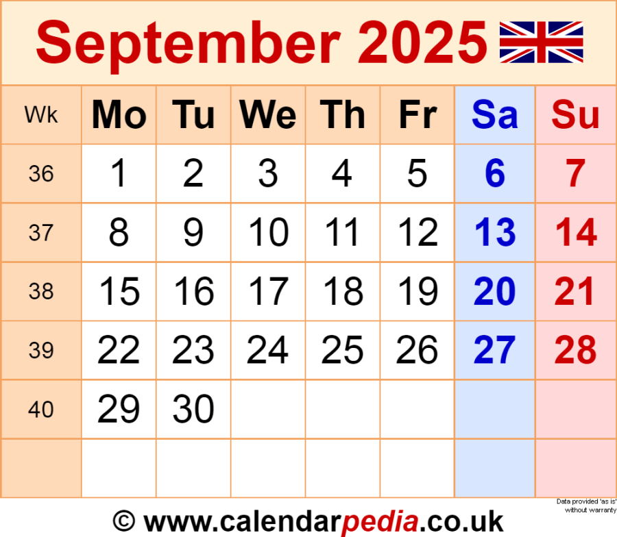 Calendar September  UK with PDF, Excel and Word templates
