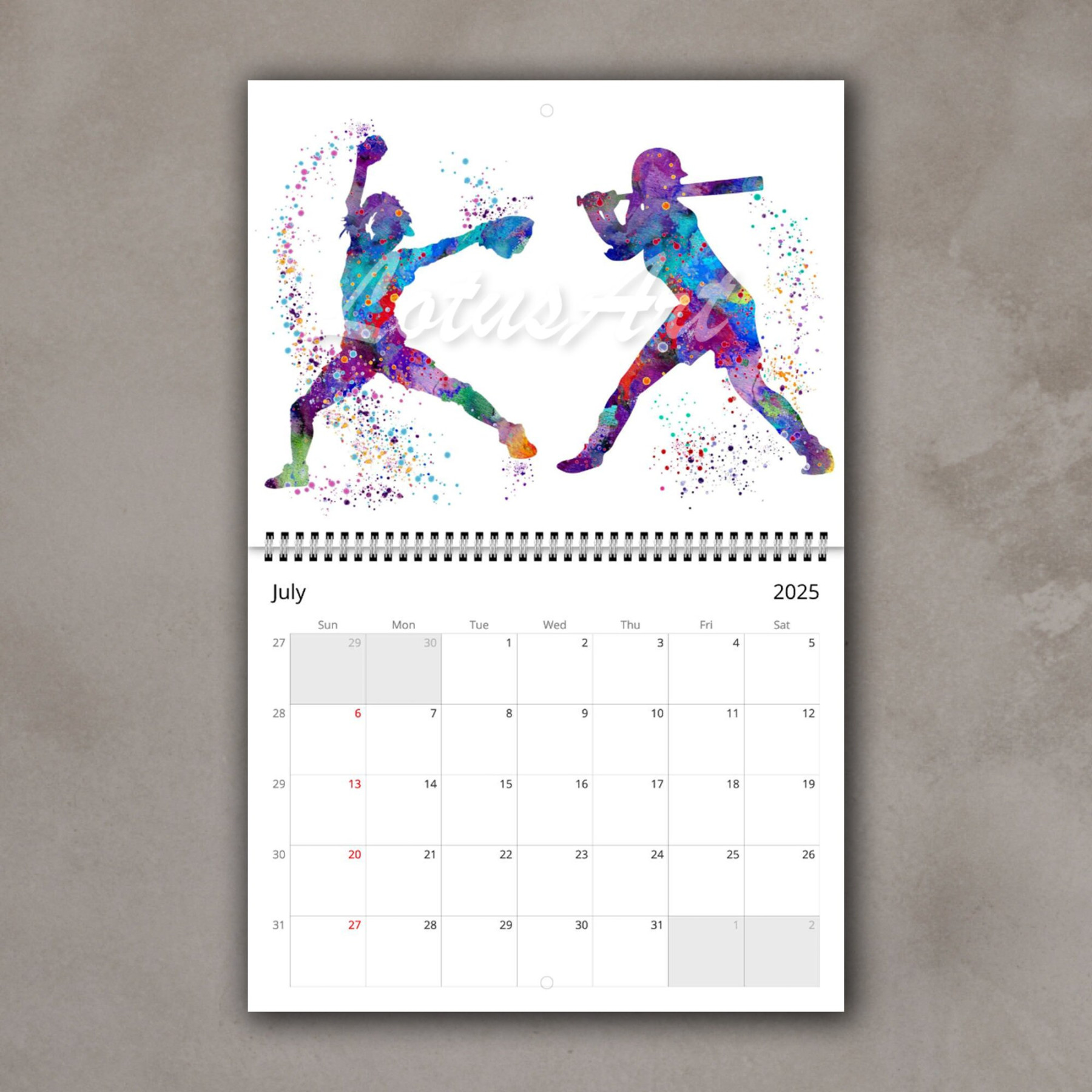 Calendar Sports Watercolor Print Office Gift Kids Room Decor