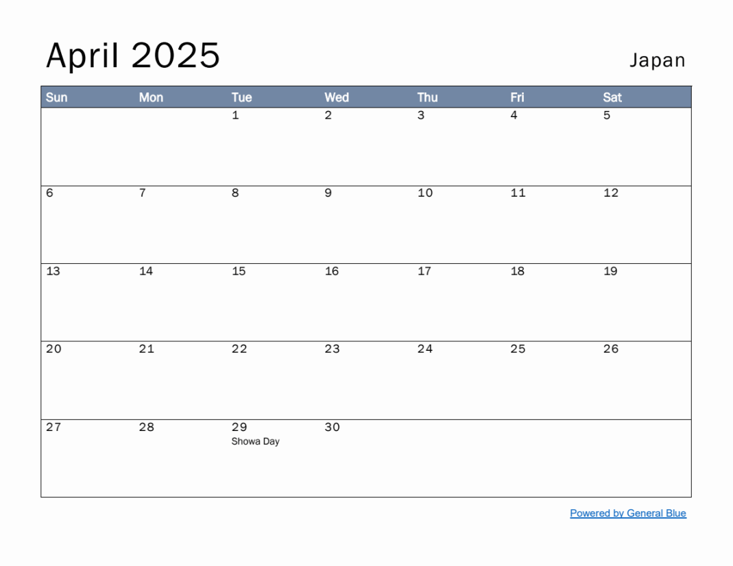 Free Monthly Calendar Template for April  with Japan Holidays