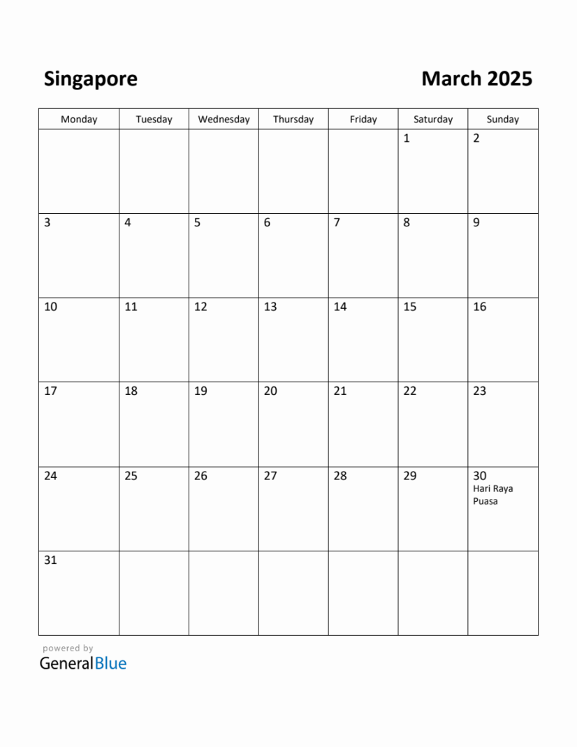 Free Printable March  Calendar for Singapore