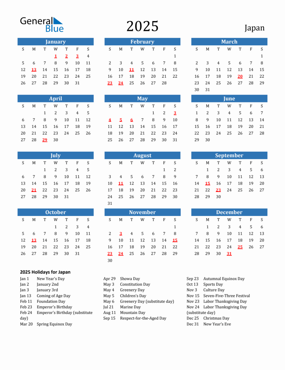Japan Calendar with Holidays