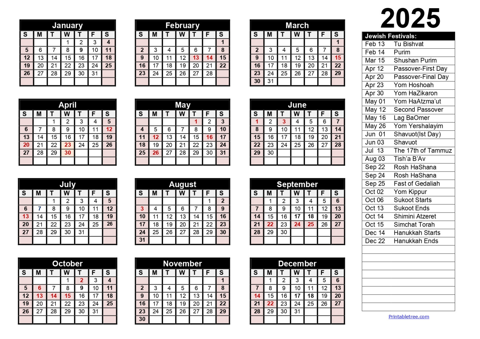 Jewish Calendar ,  PDF Templates with Jewish Holidays Lists