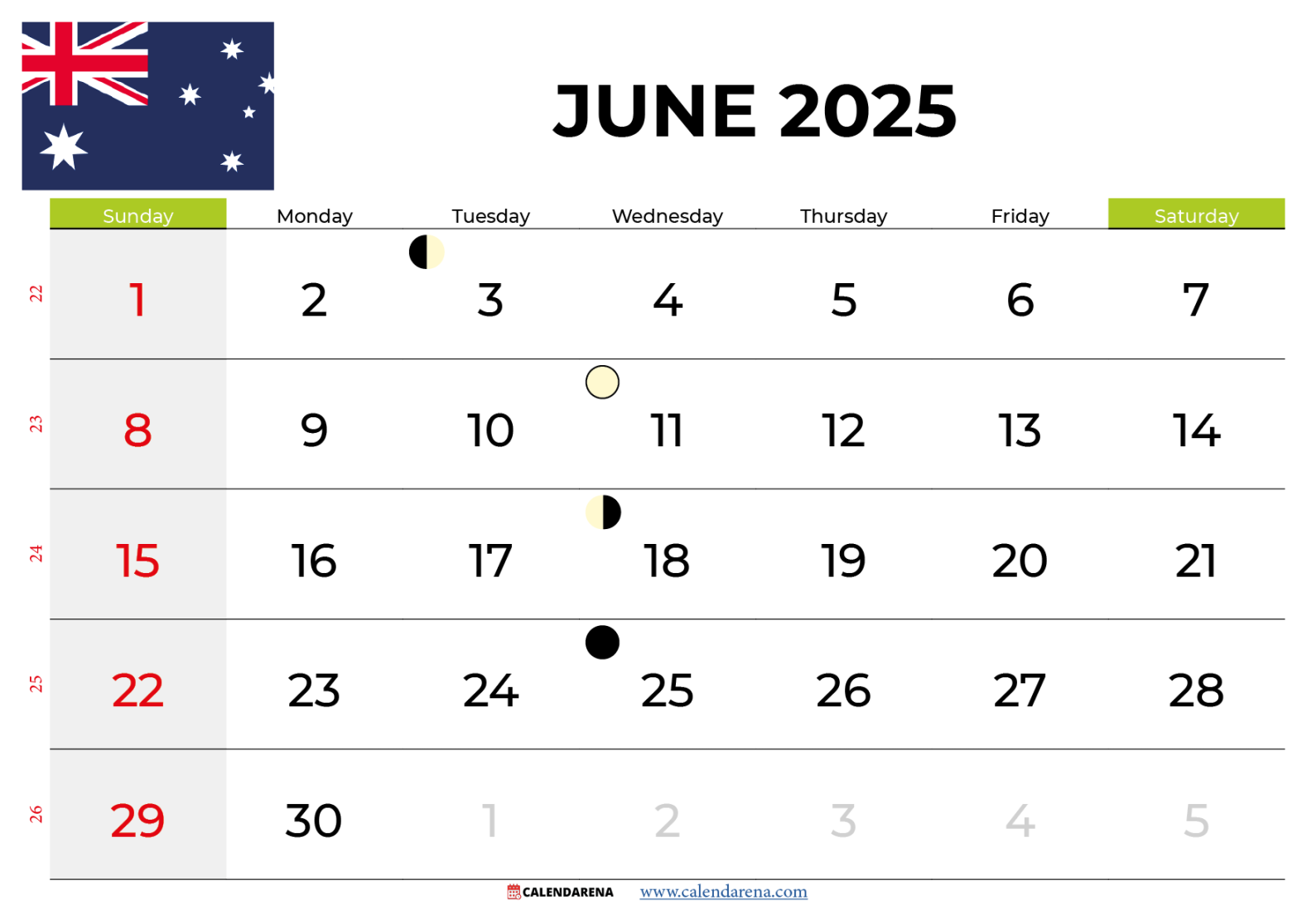 June  Calendar Australia