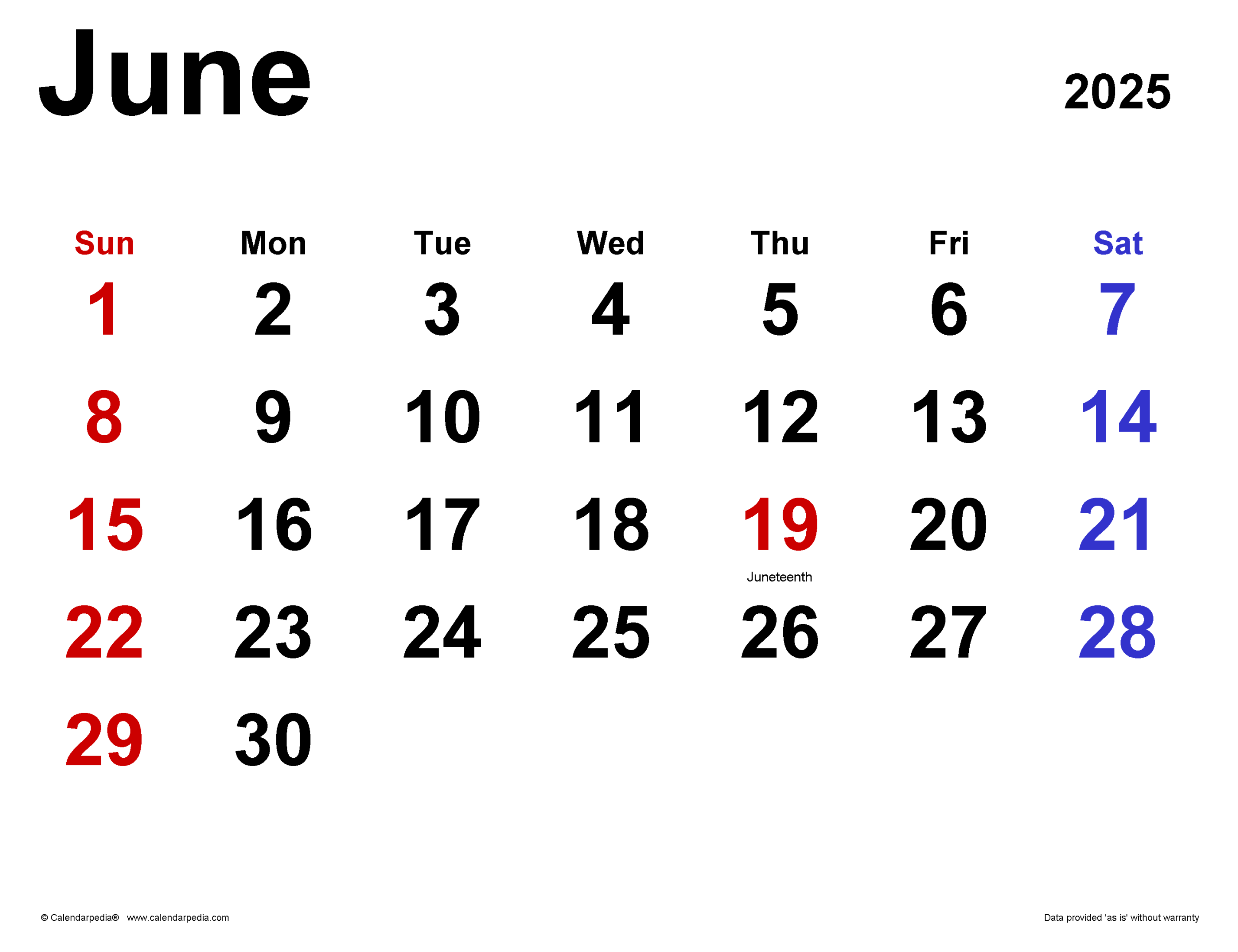 June  Calendar  Templates for Word, Excel and PDF