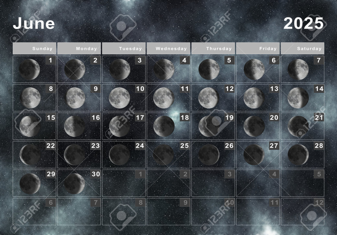 June  Lunar Calendar, Moon Cycles, Moon Phases Stock Photo