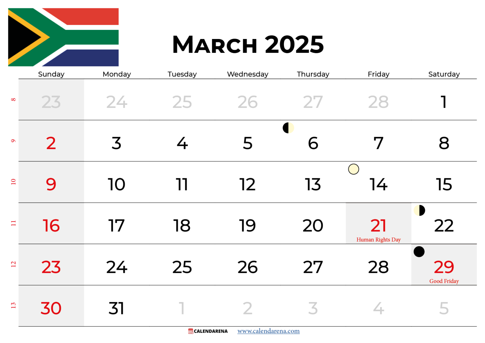 March  Calendar South Africa With Holidays