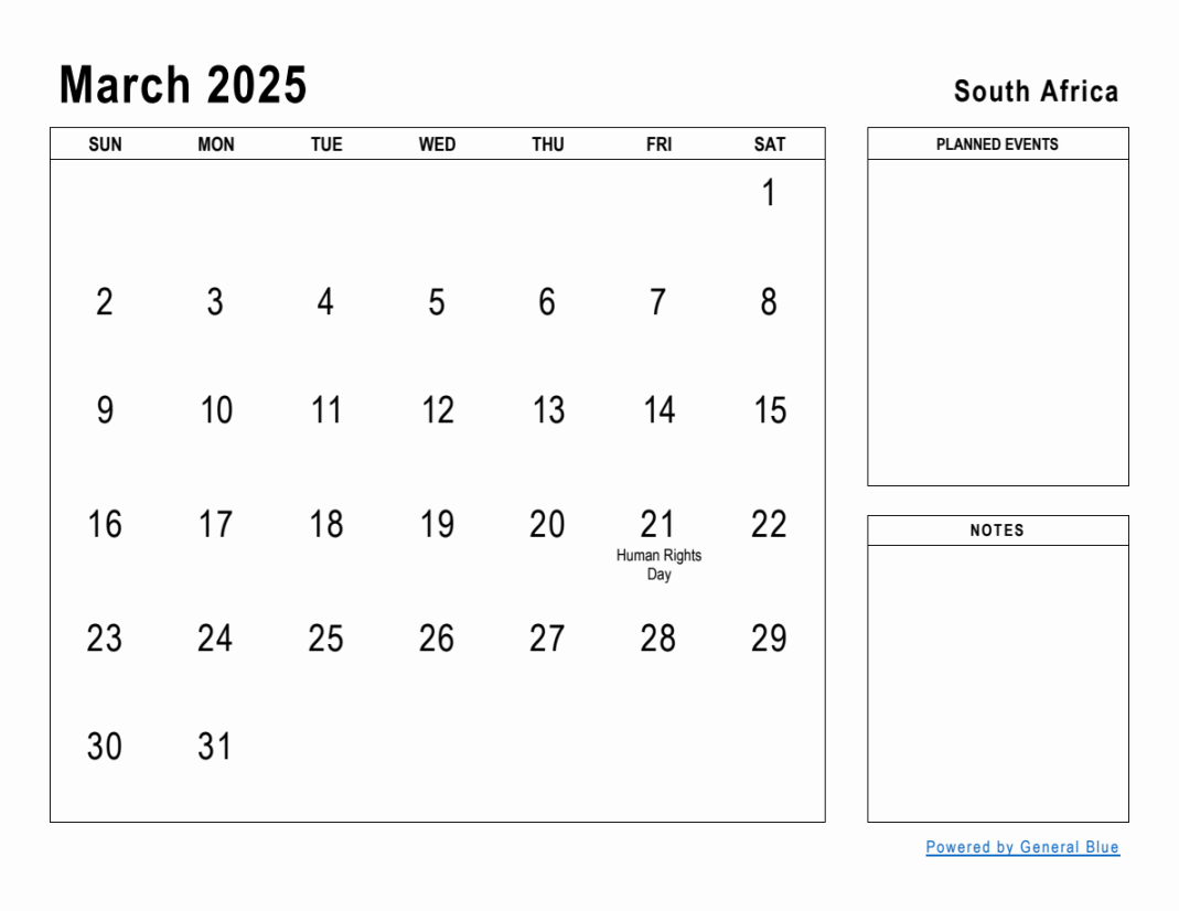 March  Planner with South Africa Holidays