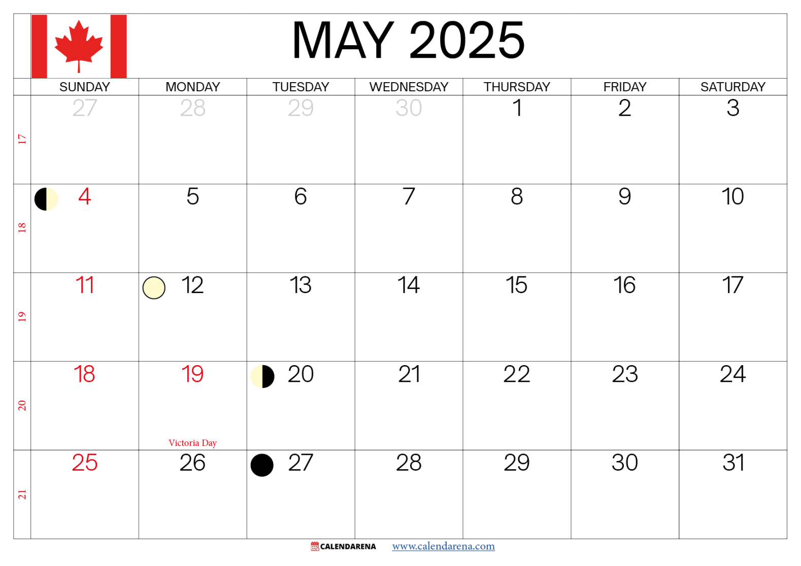 May  Calendar Canada With Holidays