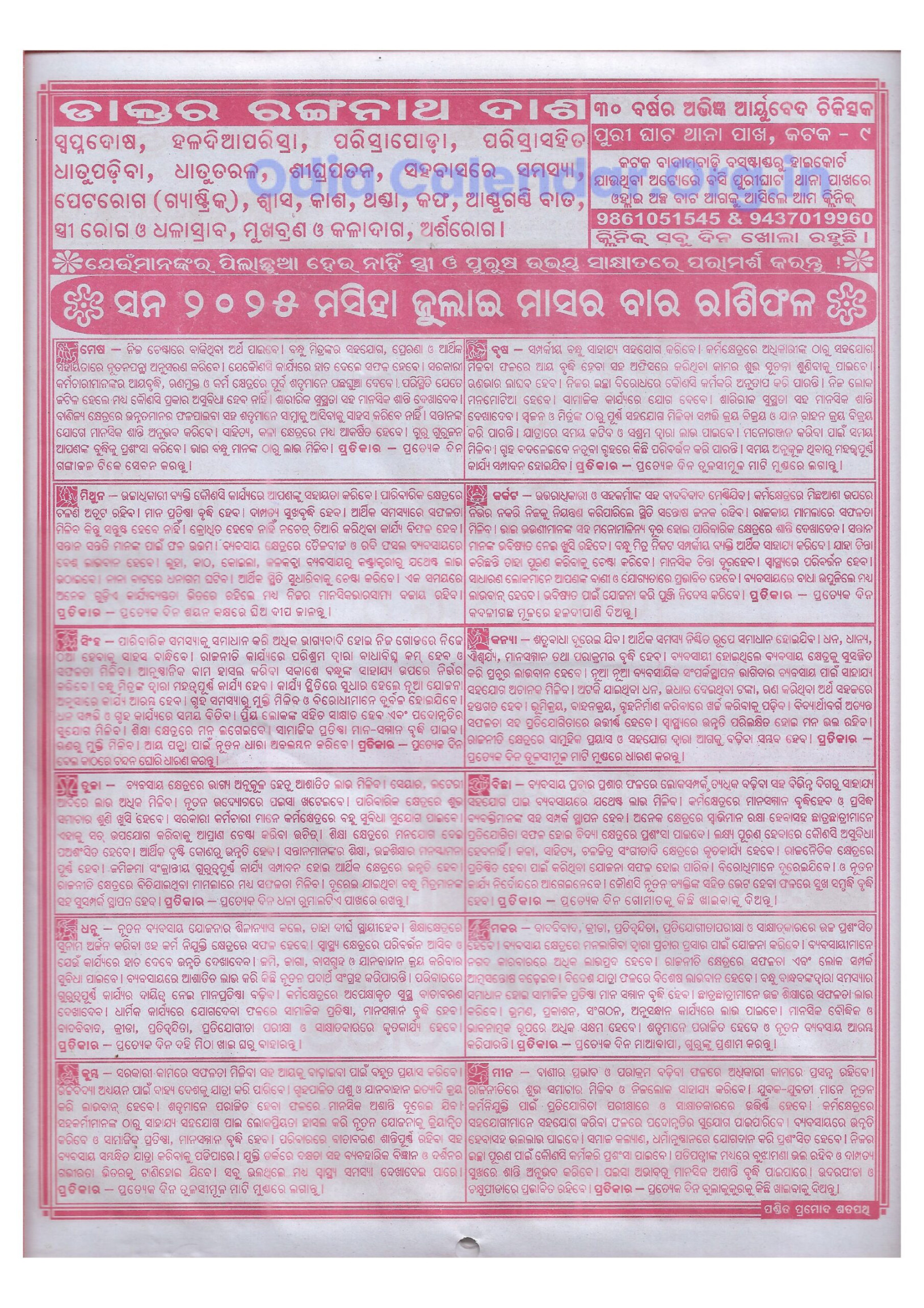 Odia Calendar  July - Kohinoor Panji PDF Download