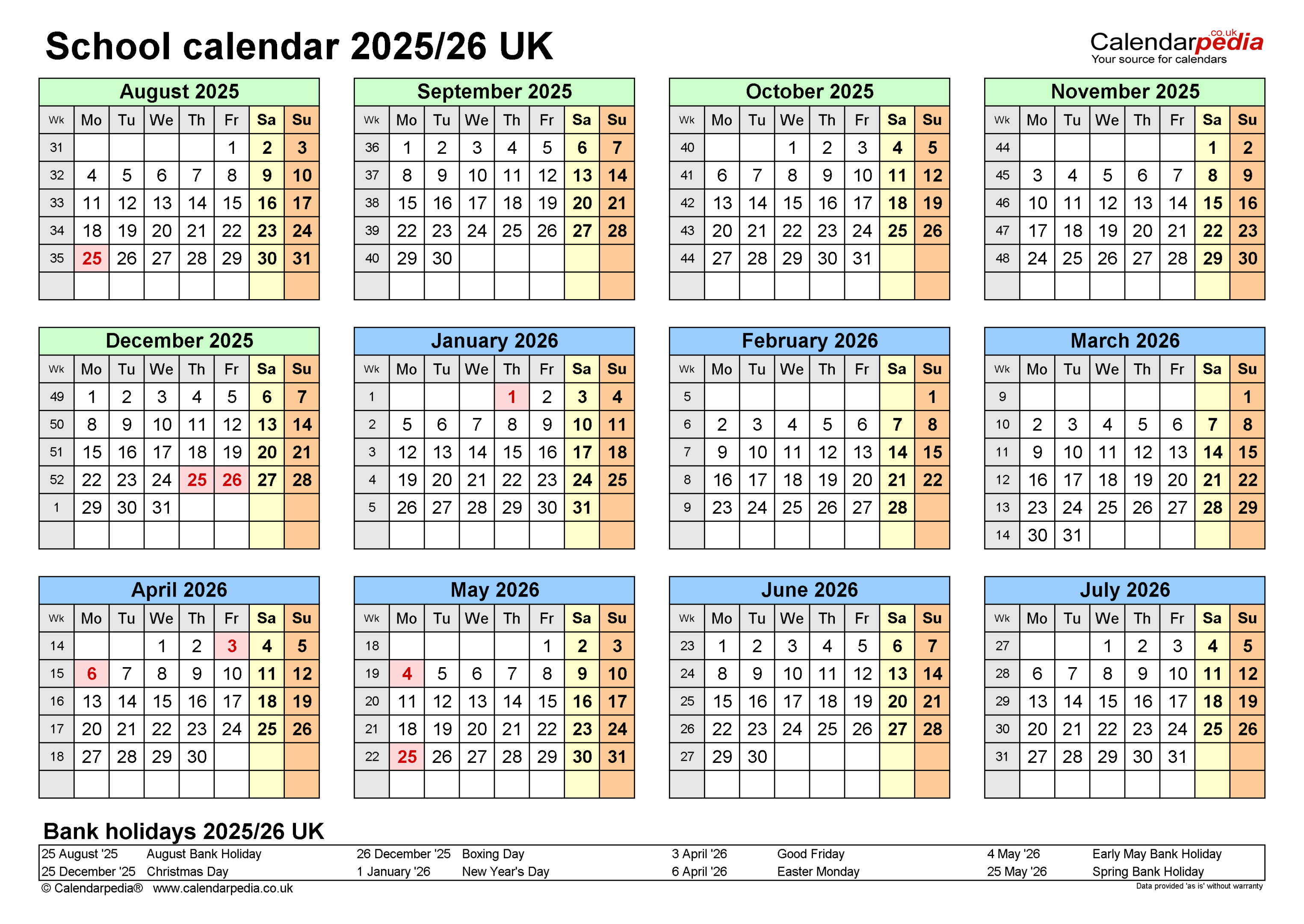 School calendars / UK - free printable Excel templates