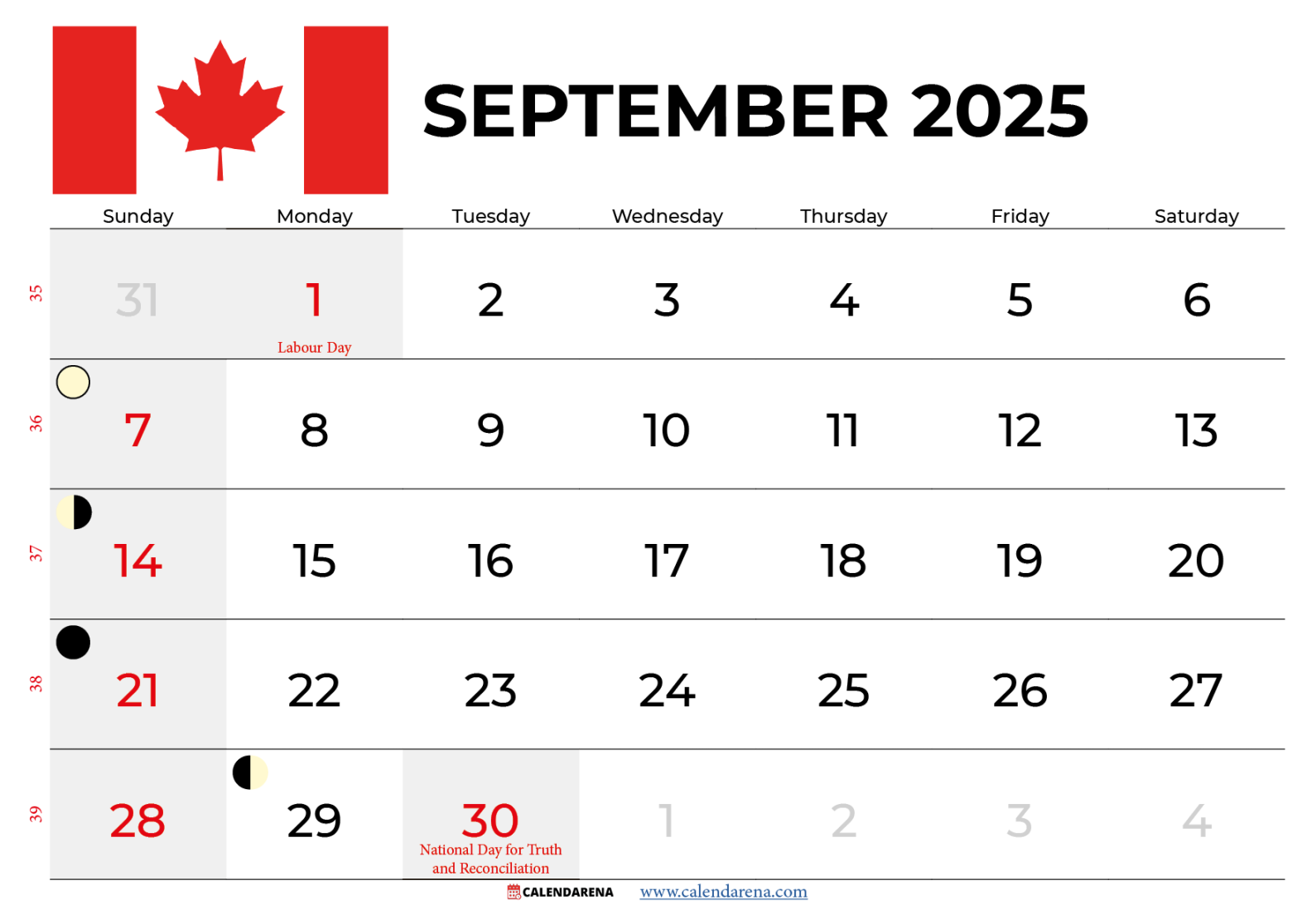 September  Calendar With Holidays Canada
