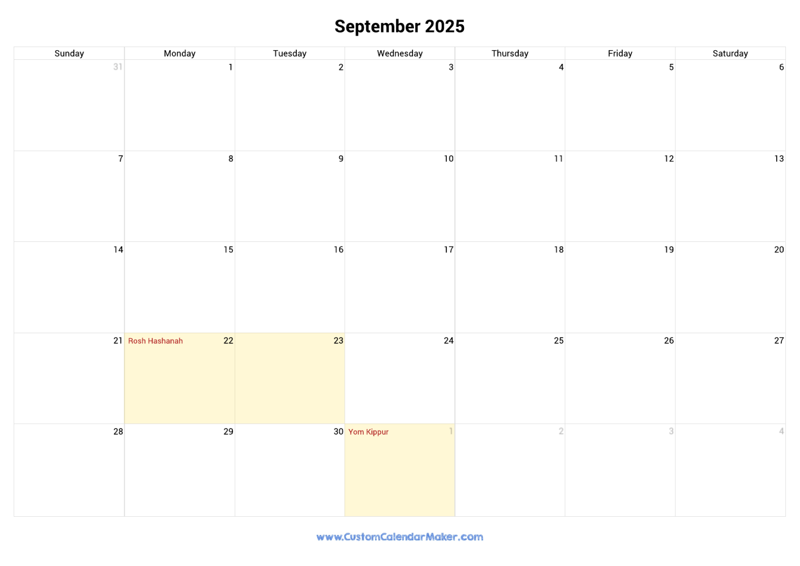 September  Jewish Calendar with Hebrew Holidays  Custom