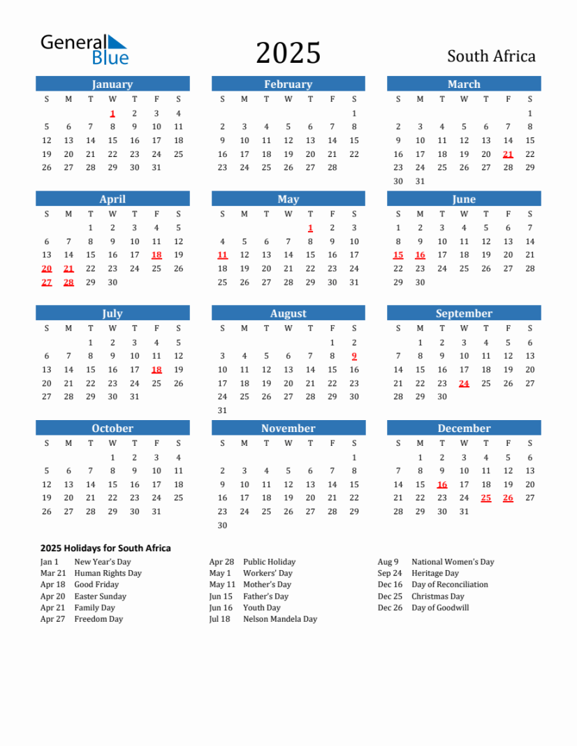 South Africa  Calendar with Holidays