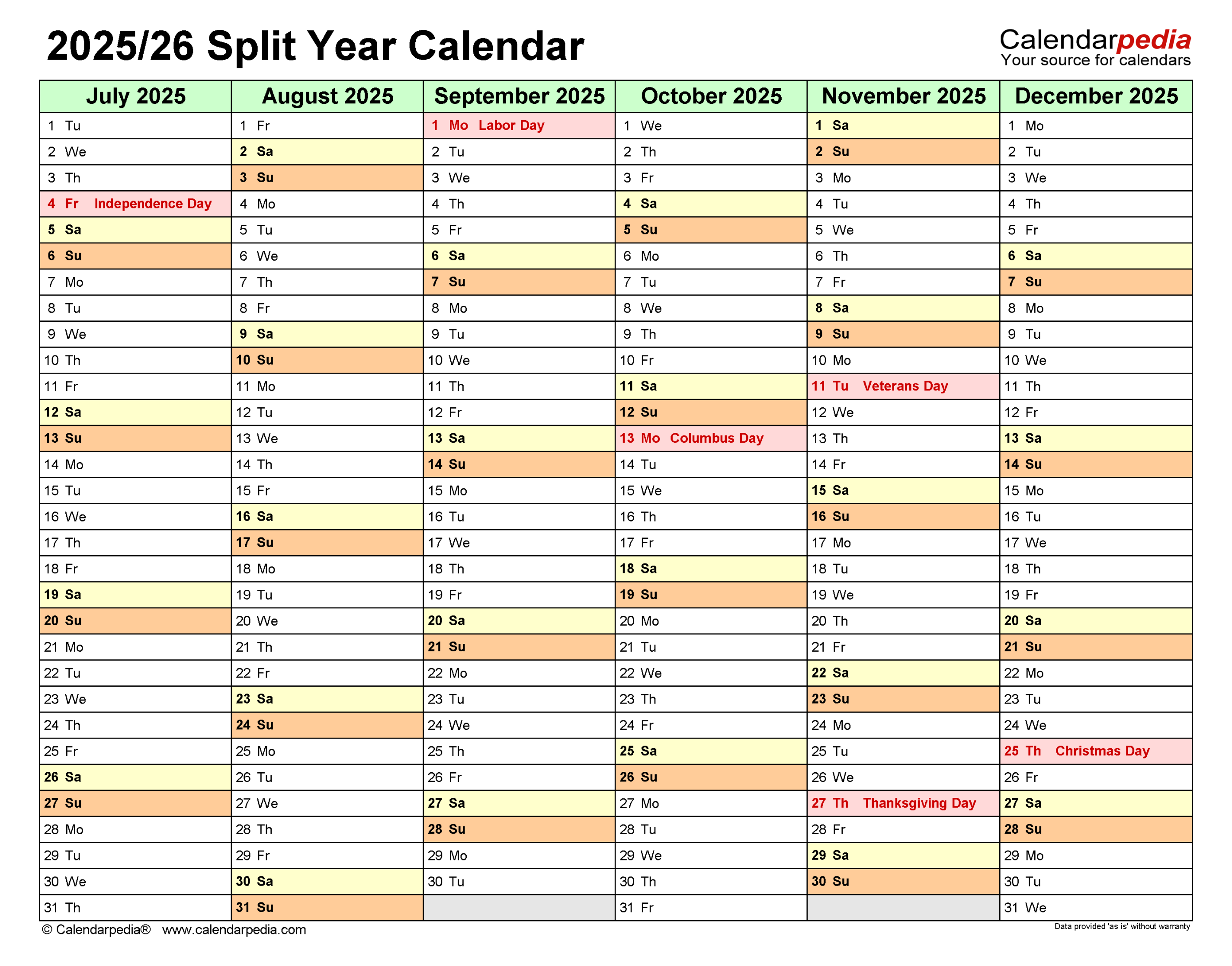 Split Year Calendars / (July to June) - PDF templates