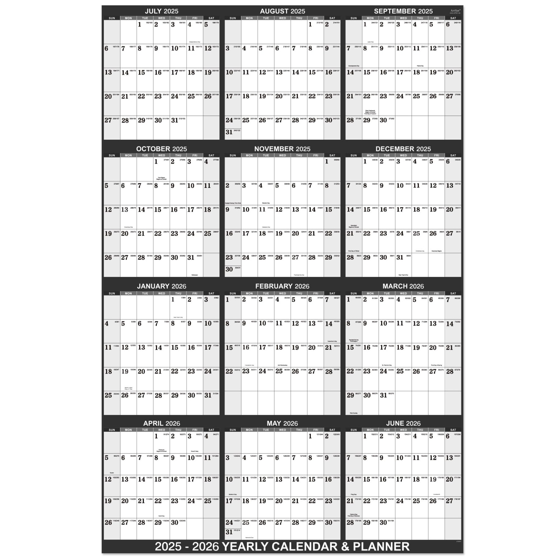 Yearly Wall Calendar - - Wall Calendar -, Yearly Wall  Calendar with Julian Date, From July  - June , Thick Paper,  Vertical,